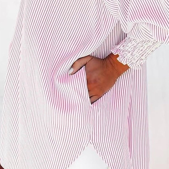 Boutique NWT Oversized Pink Striped Smocked Sleeve Button Down w/ Pockets - Picture 3 of 8